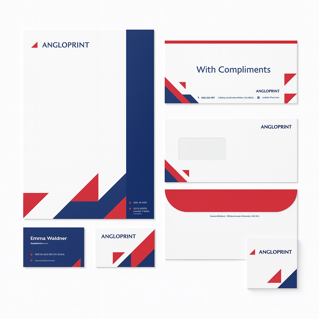 Custom business stationery including business card, appointment card, envelope, compliment slip and letterhead for professional branding and office communication.